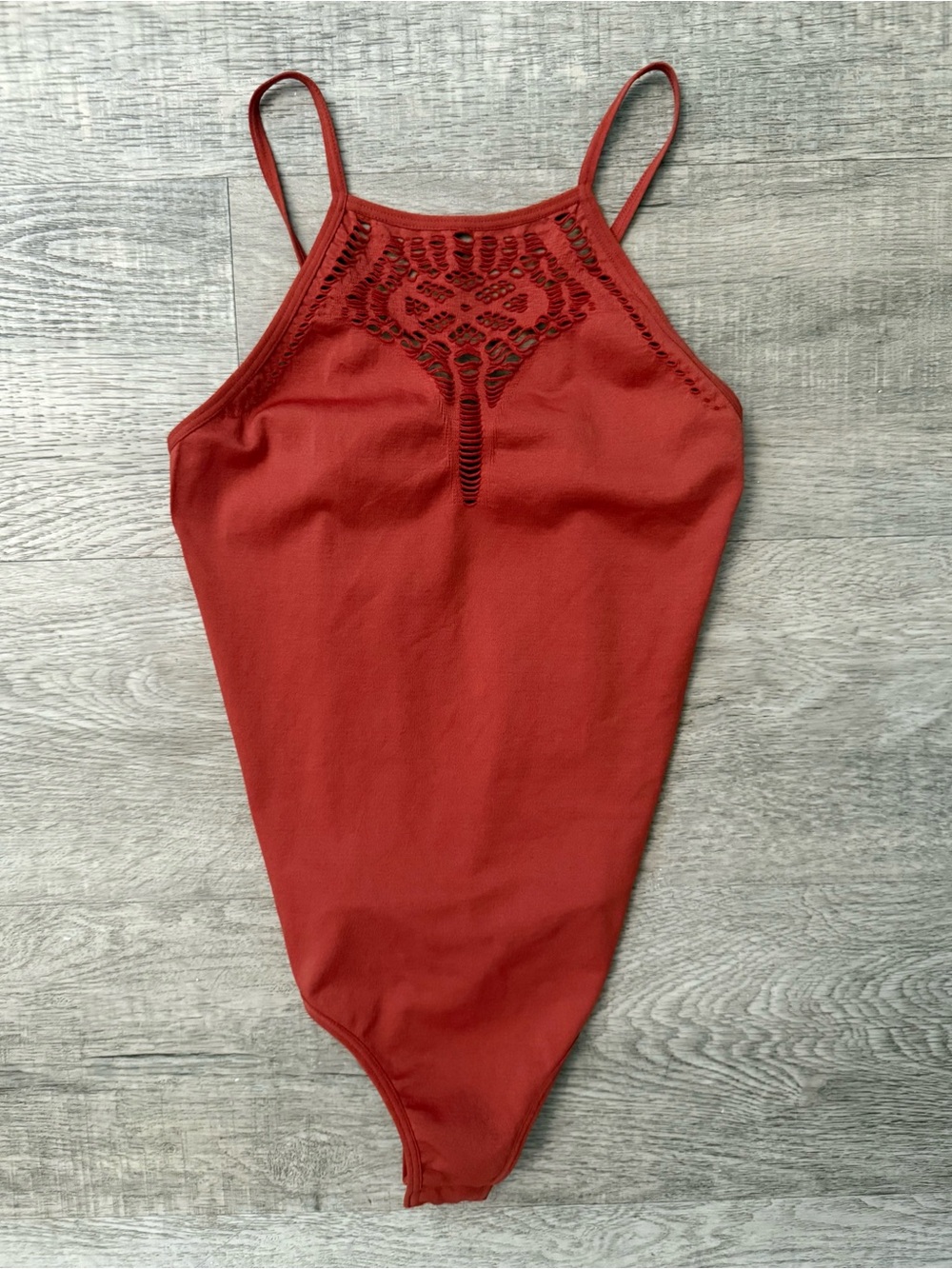 Women’s Crochet-Detail Red Bodysuit